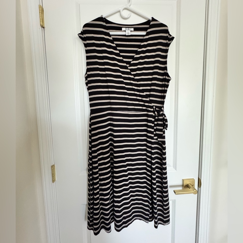 Black and Tan Striped Wrap Dress